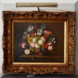 A06. Dutch style floral still life painting on board signed Bara M. Frame: 23.5”h x 27.5&rdquow 